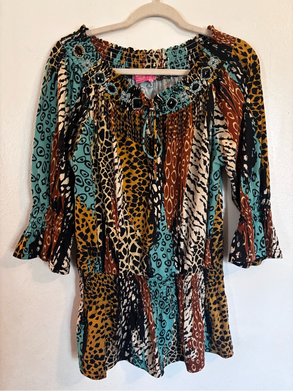 Boho Multi-Color Animal Print Peasant Tunic - Teal, Mustard & Brown